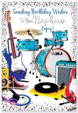 A birthday card that says "Sending birthday wishes to you, nephew. Enjoy!"