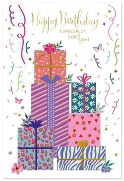 a happy birthday card with a stack of gifts and confetti .