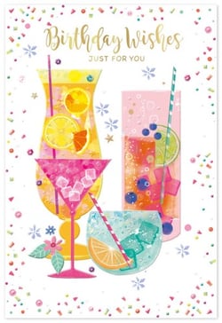a birthday card with three drinks on it and the words birthday wishes just for you