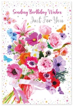 a birthday card with a bouquet of colorful flowers and butterflies .
