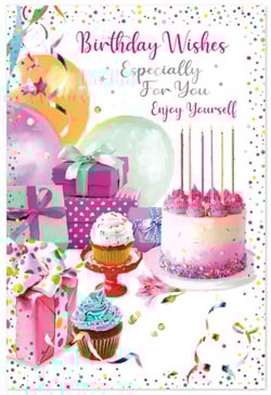 a birthday card with a cake , cupcakes , gifts and balloons .
