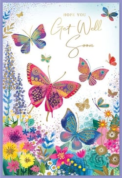 a get well soon card with butterflies and flowers