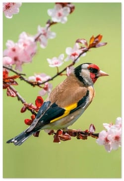 a colorful bird is perched on a branch with pink flowers .