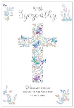 a sympathy card with a cross made of butterflies and leaves .