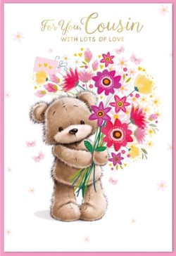 a teddy bear is holding a bouquet of flowers on a birthday card .