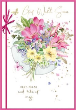 a get well soon card with a vase of flowers on it .