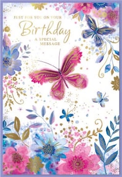 a birthday card with butterflies and flowers on it