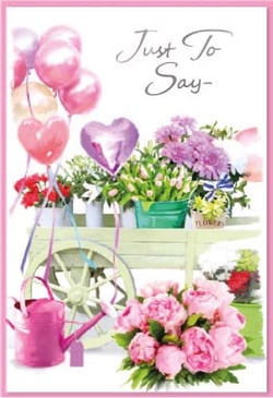 a birthday card with flowers , balloons , and a watering can .