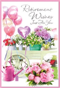 a retirement wishes card with flowers , balloons , and a watering can .