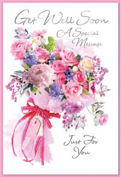 a get well soon card with a bouquet of pink flowers .