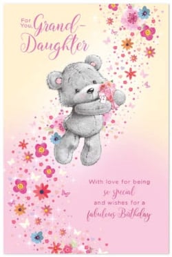 a teddy bear is holding a flower on a birthday card for a granddaughter .