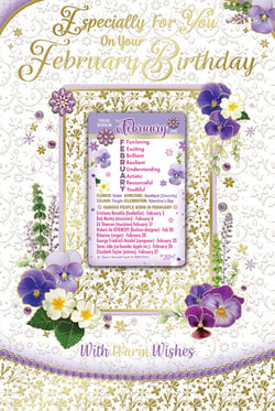 a card that says ' especially for you february birthday ' on it