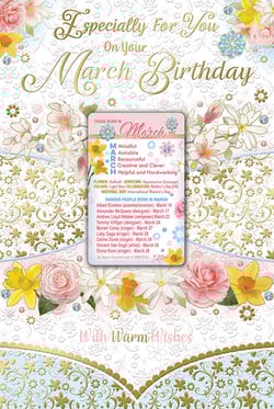 a card that says ' especially for you on your march birthday ' on it