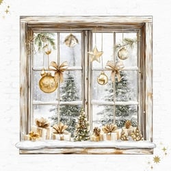 a window with christmas decorations hanging from it
