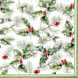 a paper napkin with holly and pine branches on it