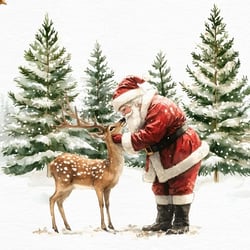 a painting of santa petting a deer in the snow