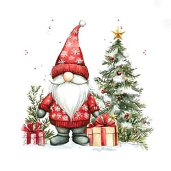 a christmas gnome is standing next to a christmas tree and presents