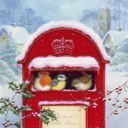 a painting of three birds in a mailbox that says christmas