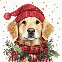a golden retriever wearing a santa hat and scarf