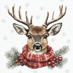 a deer wearing a red scarf with berries and pine branches