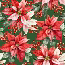 a seamless pattern of poinsettia flowers and berries on a green background