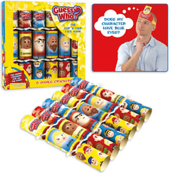a box of guess who game crackers next to a man