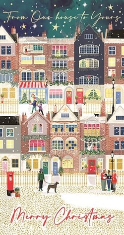 a christmas card with a row of houses decorated for christmas .