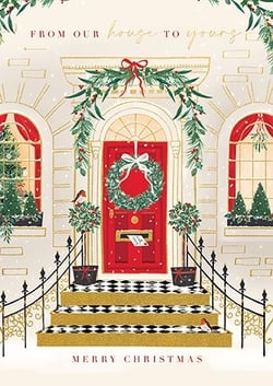 a christmas card with a red door and a wreath on it .