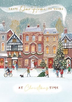 a christmas card with a christmas tree in the middle of a snowy town .