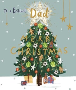 a christmas card for a dad with a christmas tree decorated with gifts and a star on top .