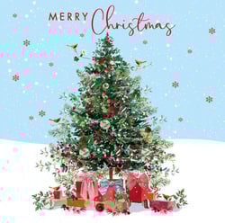 it is a christmas card with a christmas tree and gifts underneath it .