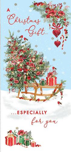 a christmas gift ... especially for you christmas card with a christmas tree on a sled .
