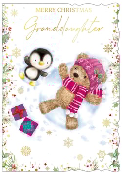 a merry christmas granddaughter card with a teddy bear and penguin