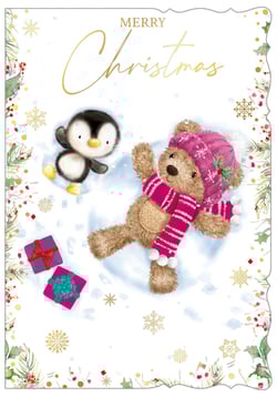 a merry christmas card with a teddy bear and penguin