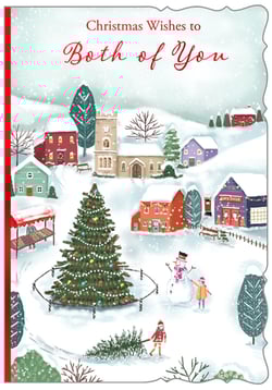christmas wishes to both of you with an illustration of a snowy village