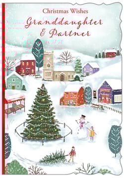 a christmas card for granddaughter and partner shows a snowy village