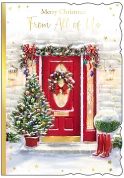 a christmas card that says merry christmas from all of us
