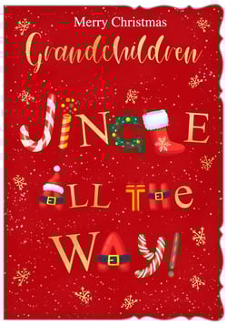 a red christmas card that says merry christmas grandchildren jingle all the way