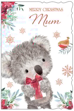 a merry christmas mum card with a koala bear holding a gift