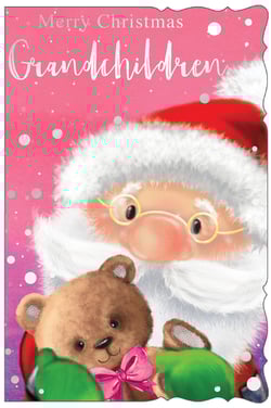 a merry christmas card for grandchildren with santa and a teddy bear