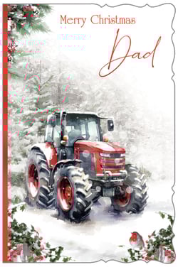 a merry christmas card with a red tractor on it