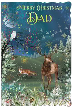a merry christmas card with a deer and a fox