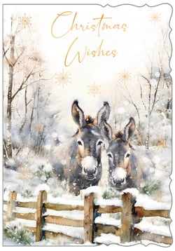 a christmas wishes card with two donkeys in the snow