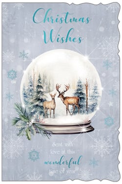 a christmas wishes card with two deer in a snow globe