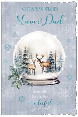 a christmas card for mum and dad with two deer in a snow globe