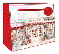 a christmas wishes gift bag with a picture of a storefront