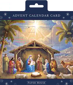 a paper house advent calendar card with a nativity scene