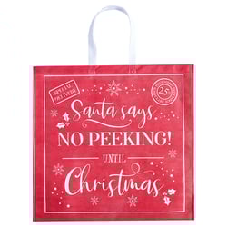 a red bag that says santa says no peeking until christmas