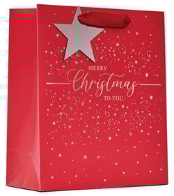 a red gift bag that says merry christmas to you