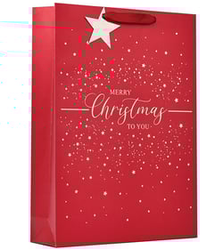 a red gift bag that says merry christmas to you